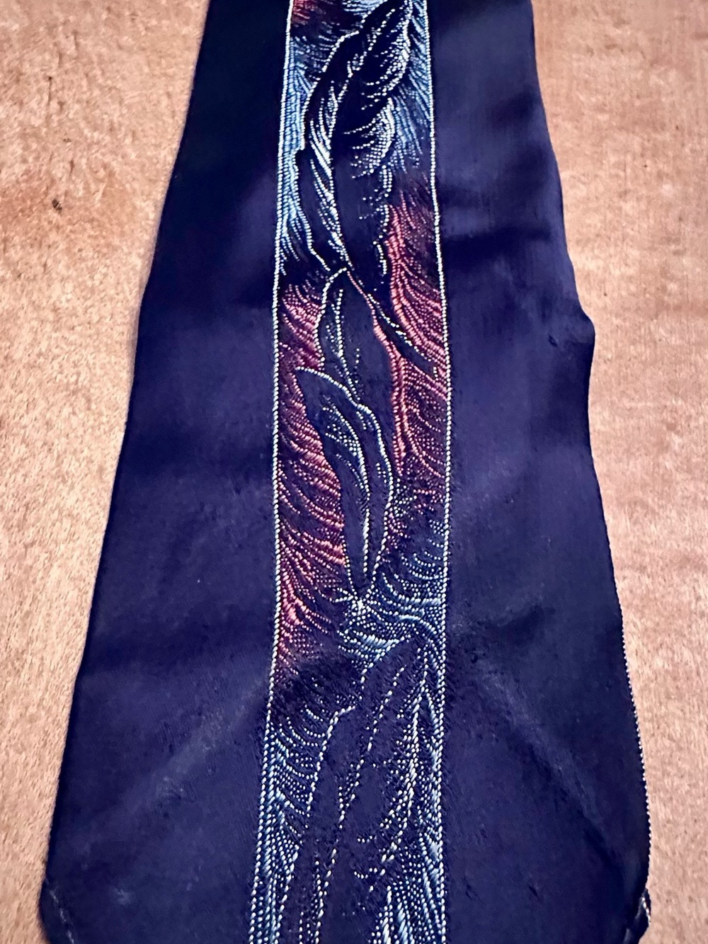 50s Detroit Men's Navy Blue Satin Tie with Metallic Feather Stripe like new